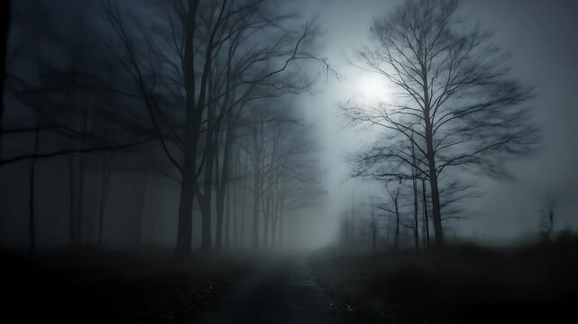 Mysterious Foggy Night: Dark Forest Path Under Moonlight, Eerie Atmosphere, Abstract Background Animation