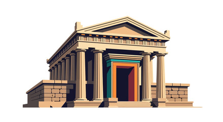 Stylized Ancient Temple Facade with Doric Columns and Colorful Entrance