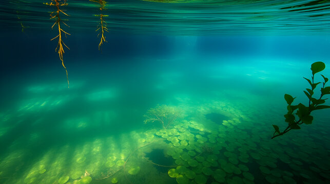 Freshwater vegetation decorating the bottom of Cenote Carwash, a thick halocline clouds the surface, Tulum, Mexico