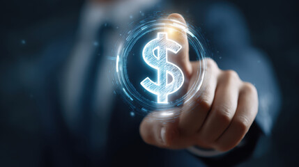 Businessman touching hologram dollar symbol with focus