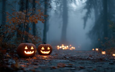 Mysterious Woodland Path Adorned with Illuminated Jack-o'-Lanterns Amidst Foggy Atmosphere Creating a Spooky Halloween Ambiance