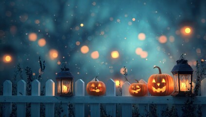Enchanting Halloween Scene with Glowing Jack-O'-Lanterns and Lanterns Against a Mysterious, Misty Blue Background Full of Sparkling Lights
