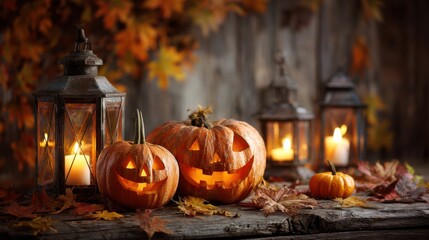 A Cozy Halloween Scene Featuring Carved Pumpkins and Lanterns Amidst Autumn Leaves and Flickering Candlelight