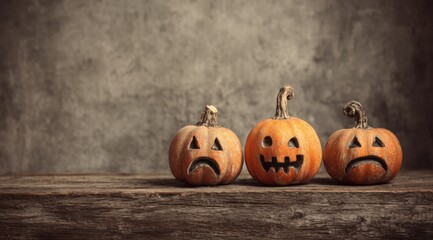 Three Whimsically Carved Pumpkins Displaying Unique Expressions Against a Rustic Background, Perfect for Celebrating the Halloween Spirit