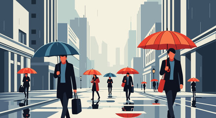 Obraz premium Stylized Cityscape of People Walking in Rain with Umbrellas.