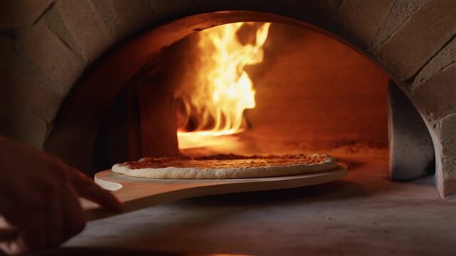 Woodfired oven with flame and pizza on peel entering inside, camera slowly zooms, warm light. Concept of cozy halloween pizzeria oven