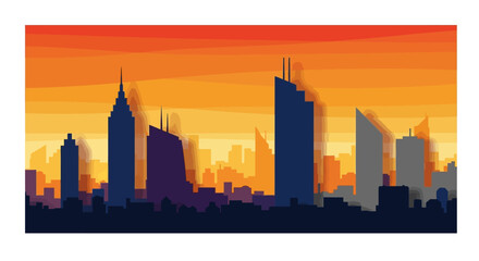 Fototapeta premium Stylized Cityscape Silhouette with Warm Sunset Hues and Layered Textural Effects