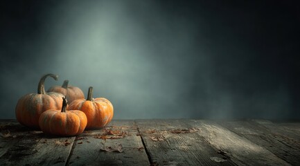 Still-Life Composition of Varied Pumpkins on a Weathered Wooden Table Surrounded by a Misty Atmosphere Enhancing the Autumnal Feel
