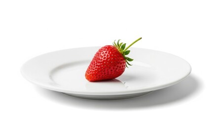 Single red strawberry with green stem on a white plate isolated on white background fruit