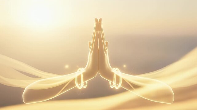 Glowing namaste symbol in golden desert at sunrise. 4K Video