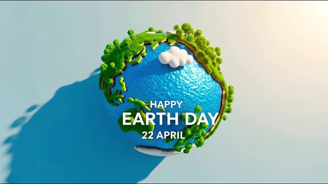Happy Earth Day 22 April greeting on a stylized 3D model of planet Earth with green trees and a small cloud on a light blue background.
