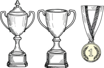Trophies and medal for winners and champions in competition on transparent background