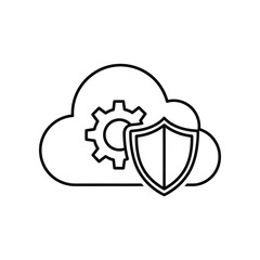 Cloud Security Icon: A minimalist icon represents cloud computing security, featuring a shield, gear, and cloud, all meticulously illustrated to symbolize protection and technological advancement.