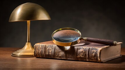 A brass table lamp, magnifying glass, and aged book rest on a wooden surface, creating a still life with antique charm.