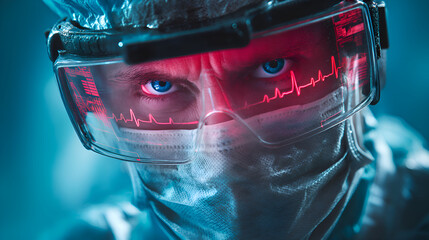 Surgeon wearing futuristic goggles showing heartbeat in operating room