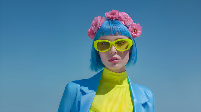 Fashion model wearing colorful clothes and flower crown posing under blue sky