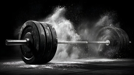Weightlifting barbell covered in white powder on dark background