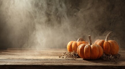 A Rustic still-life Composition Featuring Glowing Orange Pumpkins Surrounded by Wisps of Smoke on an Old Wooden Table