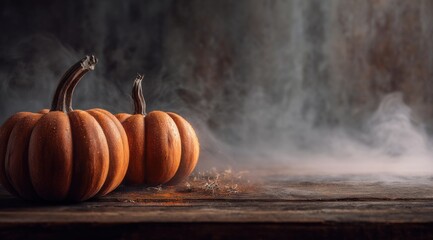 Glistening Autumn Pumpkins with Dew Drops on a Rustic Wooden Table Under a Soft Misty Background Capturing the Essence of Fall Harvests