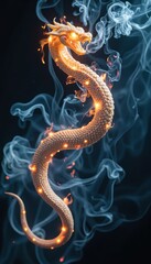 Fototapeta premium Mystical golden dragon emerging from wisps of blue smoke and light