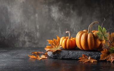 A Beautiful Arrangement of Vibrant Orange Pumpkins Surrounded by Autumn Leaves on a Dark Rustic Background, Capturing the Essence of Fall Harvest Season.