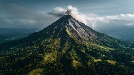 A dramatic vista of a majestic volcano erupting, its grey slopes cascading into lush green forests below, set against a backdrop of a partly cloudy sky.