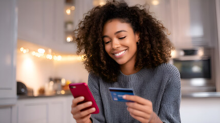 Smiling woman making online payment using smartphone and credit card in kitchen