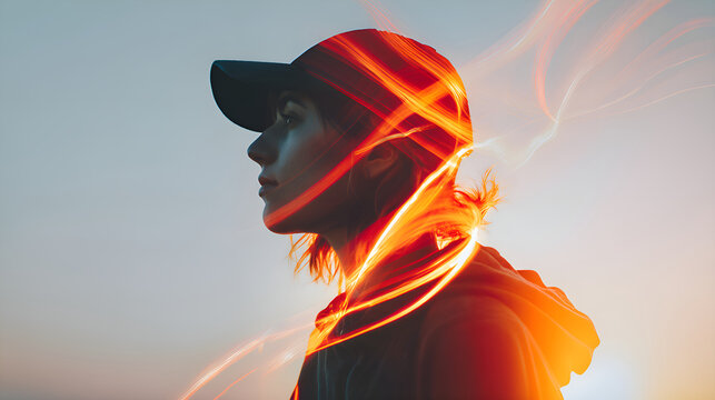 Young woman wearing a cap with light trails flowing around her head