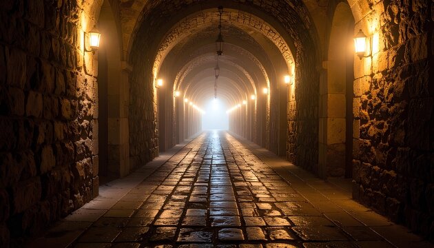 eerie stone wall corridor with the lights