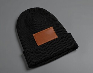 Minimalist Knitted Beanie Hat with Customizable Leather Patch Mockup Template
