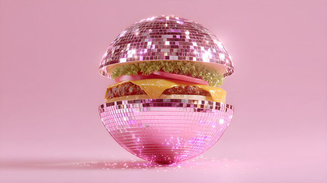 Hamburger with disco ball buns floating on pink background
