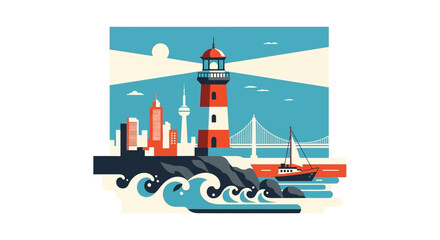Obraz premium Vibrant Coastal Cityscape with Lighthouse and Harbor