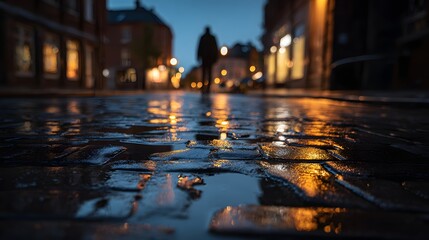 A wet cobblestone street at dusk, illuminated by warm streetlights, reflects the city's ambient glow.