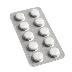 Blister pack of white round pills on black background