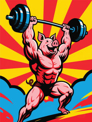 strong muscular pig lifting barbells Illustrator Artwork design template poster
