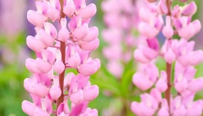Fototapeta premium Beautiful pink lupine flowers in a vibrant garden, showcasing nature's colors in spring