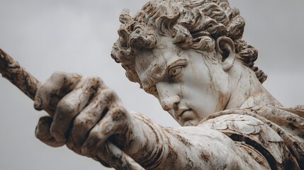 Close-up view of a weathered stone statue, capturing detailed features and the imposing presence of the sculpted figure.