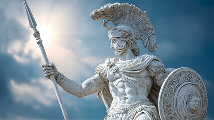 A powerful, detailed statue of a warrior, poised with spear and shield, against a dramatic sky.