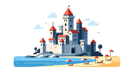 Whimsical Coastal Castle with Red Roofs and Beachside Relaxation Scene