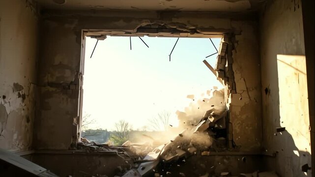 Debris falls from a partially collapsed building as sunlight shines through the broken walls. The sunlight illuminates the chaos, emphasizing the dramatic scene of destruction and collapse