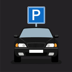 Front View Black Car with Blue Parking Sign on Dark Background