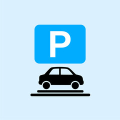 Car Parking Sign Icon: Blue P Symbol with Vehicle Silhouette on Light Background
