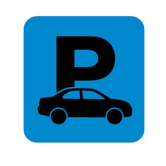 Parking Sign Icon with Car Silhouette on Blue Square Background