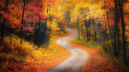 Fototapeta premium A winding path through a vibrant forest adorned with autumn leaves in shades of orange, red, and yellow, creating a picturesque and serene landscape.