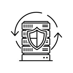 Digital Fortress: Secure data server with shield and arrows, representing robust cybersecurity and data protection in an abstract, graphic illustration.
