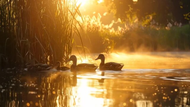 Ducks Swimming in Golden Light on Misty Lake