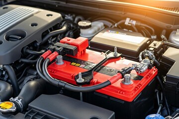 Fototapeta premium Bright car engine with red battery and cables