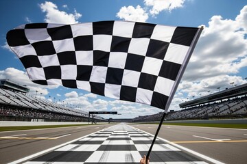 Chequered flag waves at finish line, cheering crowd
