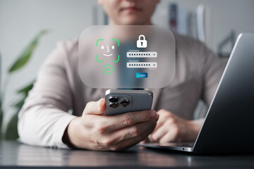 Cybersecurity login concept showing businessman using smartphone with face recognition and password authentication, secure access, data protection, privacy, and modern digital security solution.