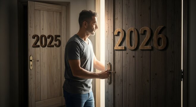 Man opening door labeled 2026 and looking back at 2025  